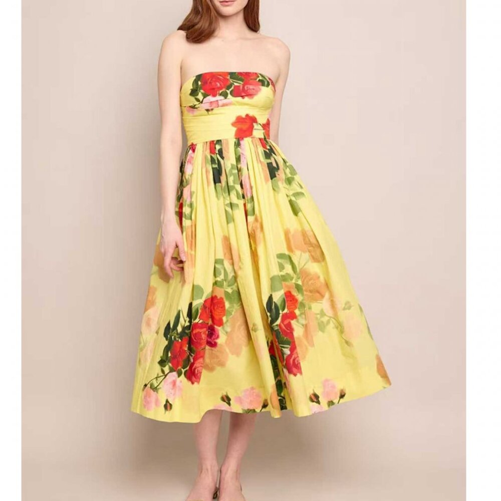 Cara Cara Daria Midi Dress - Le Rose Yellow Red Floral Strapless Cocktail Weddin - Picture 2 of 12